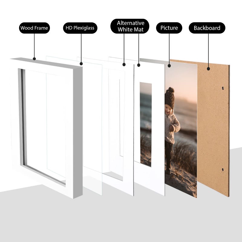 KINLINK 11x14 Picture Frame, White Solid Wood Frame with Acrylic Plexiglass for Picture 5x7/8x10 with Mat or 11x14 without Mat, Tabletop and Wall Display Photo Frame 1 Pack - Image 3